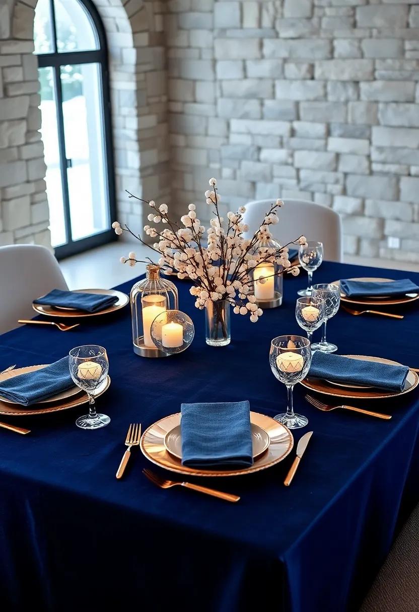 Moonlit Frost: A ⁣midnight blue tablecloth serves as a canvas for sleek silver⁣ dinnerware and a centerpiece of glowing silver⁤ orb lanterns surrounded⁣ by frosty white berries