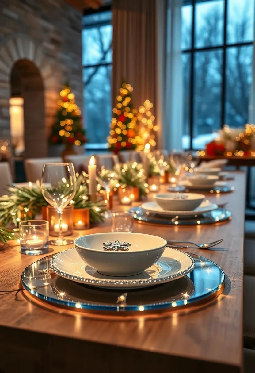 Sparkling Snowfall: ⁣Layer‌ translucent silver‌ chargers with white porcelain⁣ plates,topped with glittering snowflake-shaped silver napkin ​rings ‌and tiny fairy lights woven ‍throughout