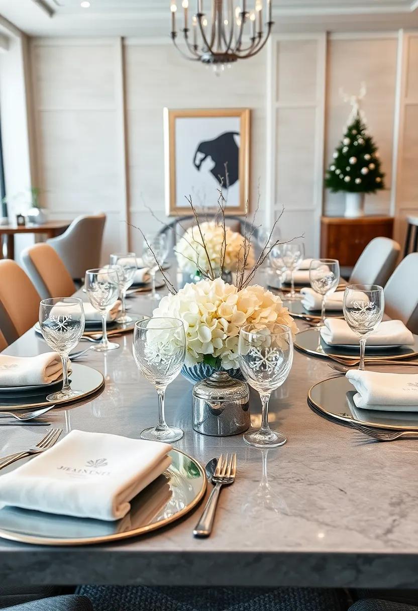 Glinting Ice Table: ⁢Reflective mirrored ⁢placemats surrounded by ⁤silver cutlery and⁣ snowflake-etched crystal tumblers,topped with a low arrangement of white hydrangeas ⁣and silver twigs