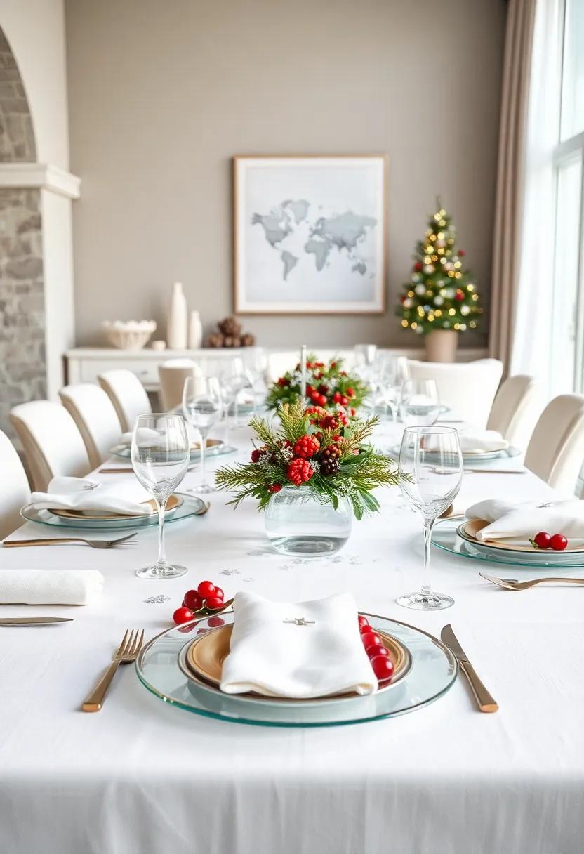 Silver⁣ Snowflake Elegance: ⁤Crisp white linen accented⁤ by‌ delicate ​silver snowflake confetti,‌ silver-plated flatware, and crystal-clear⁤ plates that⁣ showcase winter berries