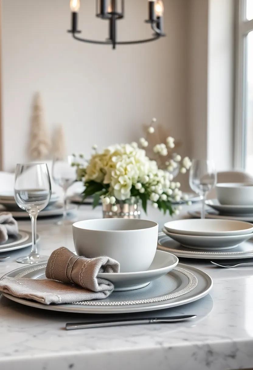 Subtle Silver Spark: Minimalist white dinnerware offset by matte ⁤silver⁣ chargers and ⁢delicate ⁤silver wire napkin rings, complemented by a centerpiece of white hydrangeas and silver ⁢berries