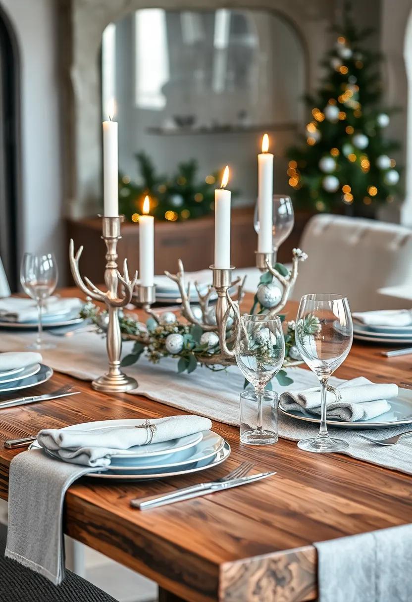 Metallic⁢ Forest: A rustic wooden ⁤table adorned with silver antler⁤ candle holders and sprigs of eucalyptus dusted in‌ faux ‍snow, balanced⁢ by polished silver cutlery