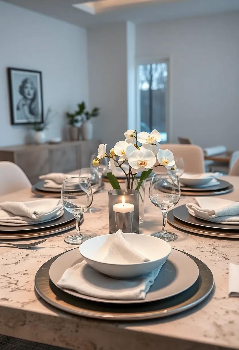 Sleek Winter Minimalism:​ Matte ⁤silver ​chargers paired with simple white plates and⁣ transparent⁢ glassware, centered‍ around a single silver candle holder and white orchids