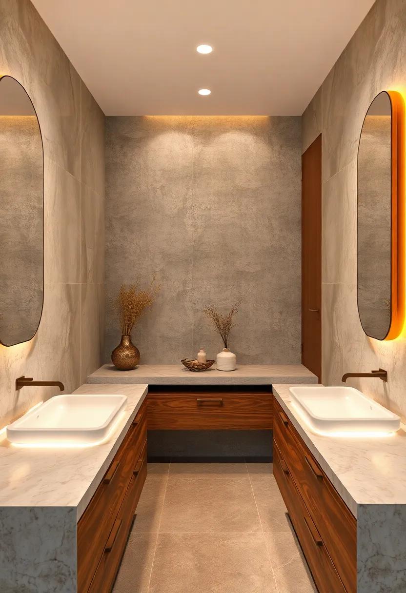Balanced Symmetry in‍ Bathrooms With Rich wooden Drawers Beneath‍ Frosted Glass Washbasins⁣ and Dim​ Warm Lighting