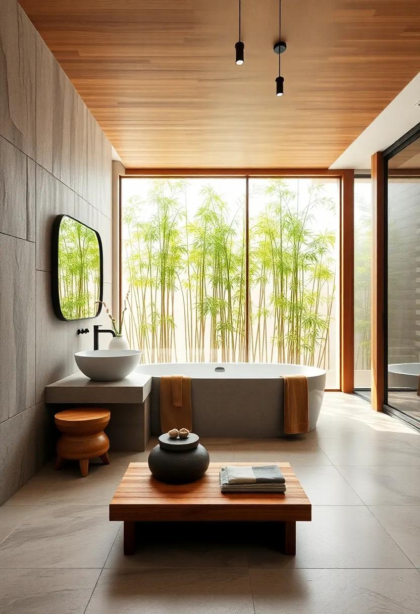 Blending ⁣modern Minimalism and⁣ Rustic Wood Elements in Spacious Bathrooms Surrounded by Indoor Bamboo Groves