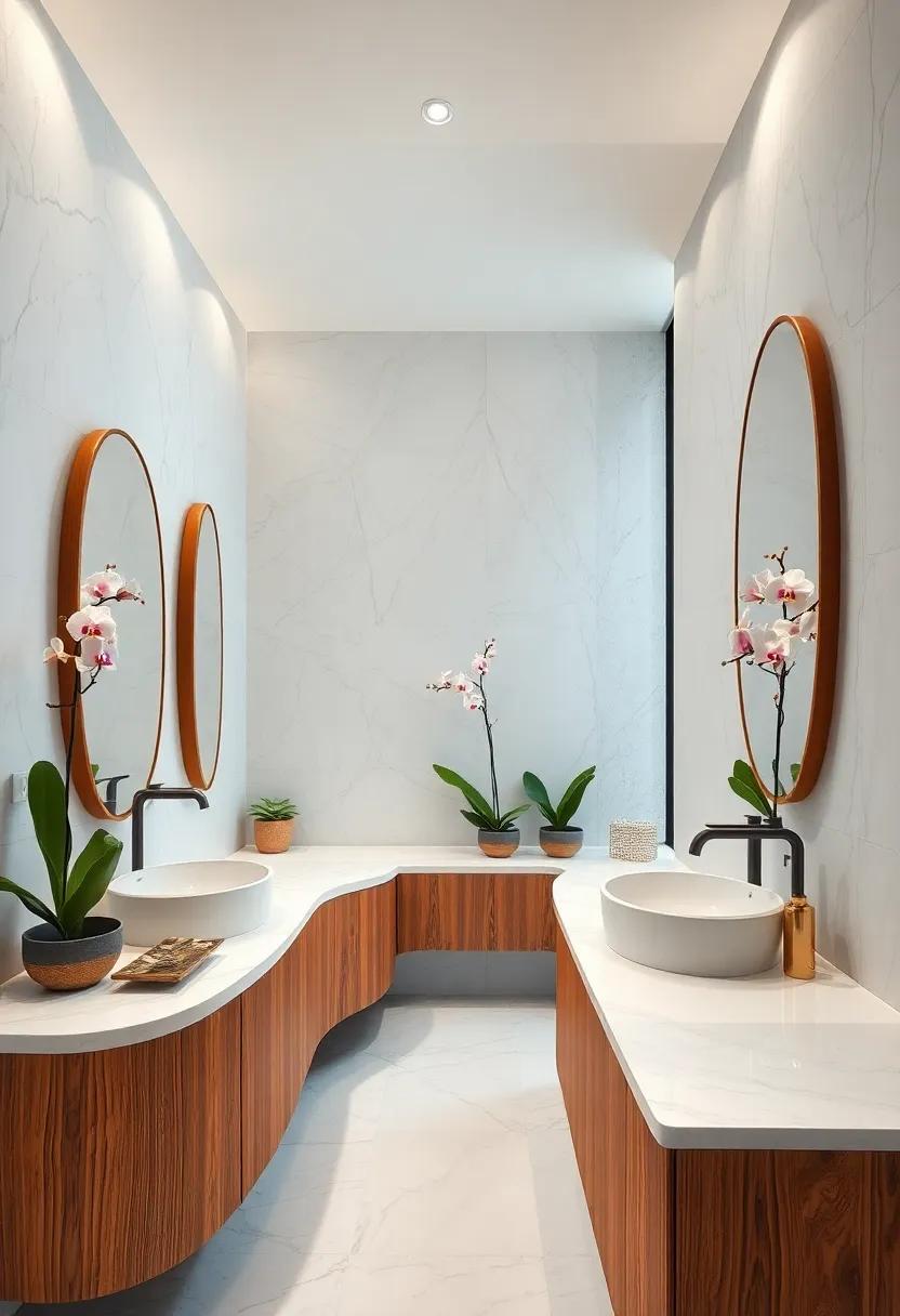 Curved wooden Vanity Designs Contrasted by Smooth White Marble Surfaces and Delicate​ Orchid ​Arrangements