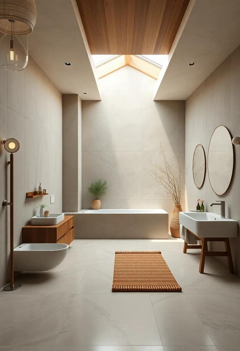 Natural ​Harmony ‌in Bathrooms With⁤ Ergonomic wooden fixtures and Bamboo Rolling ⁣Mats ⁢Under Soft⁣ Skylight Glows