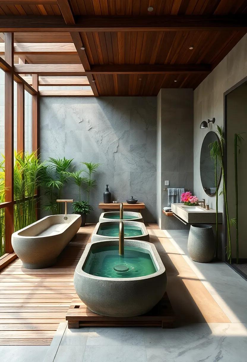 Open Air‌ Zen Bathrooms Featuring Timber Decking⁣ and⁢ Tranquil water Basins Surrounded By‍ Lush Bamboo