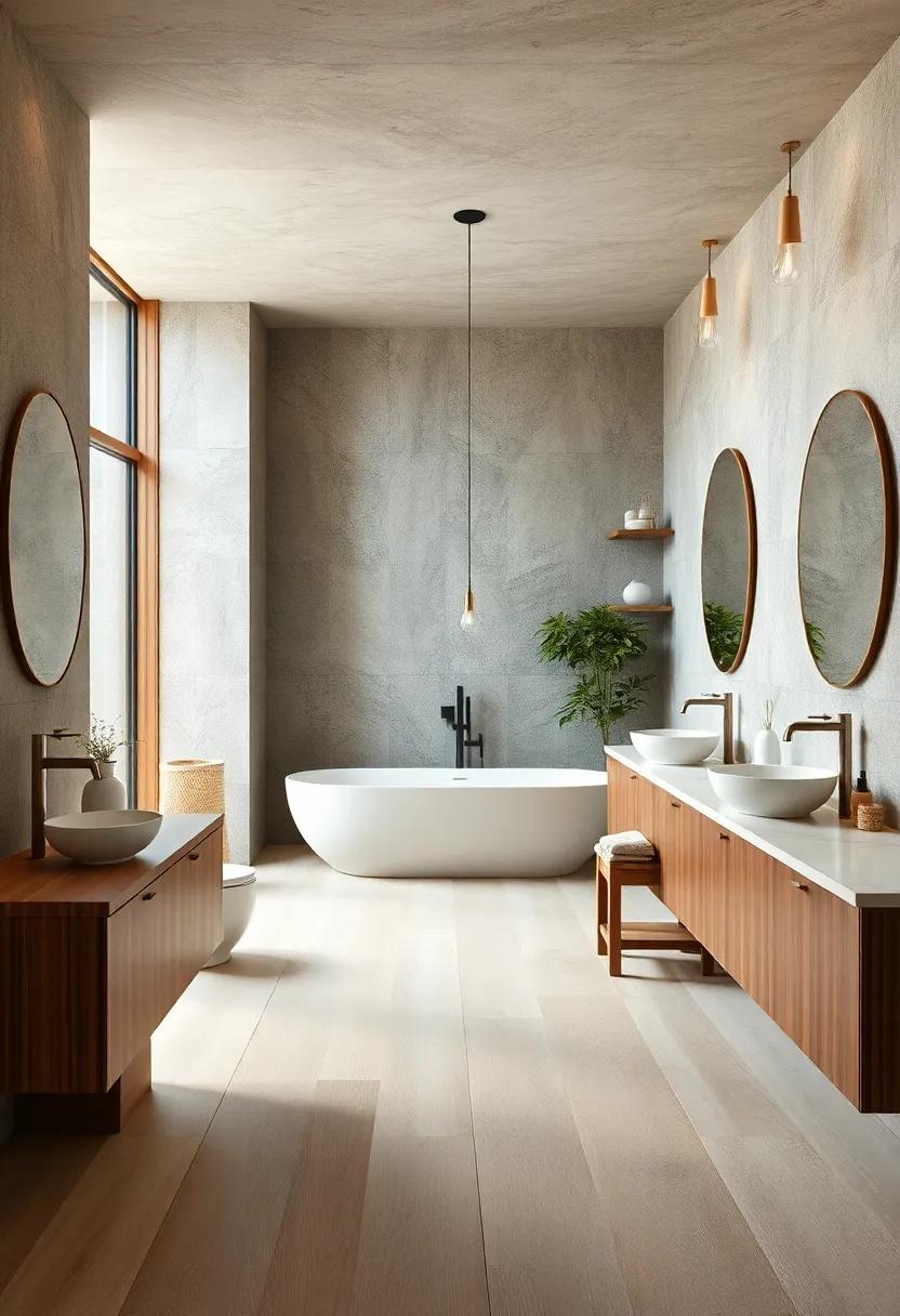 Organic Textures Explored‍ in Banister-Free ‌Bathroom Layouts With wide Plank‍ Flooring and Warm‌ Walnut Cabinets