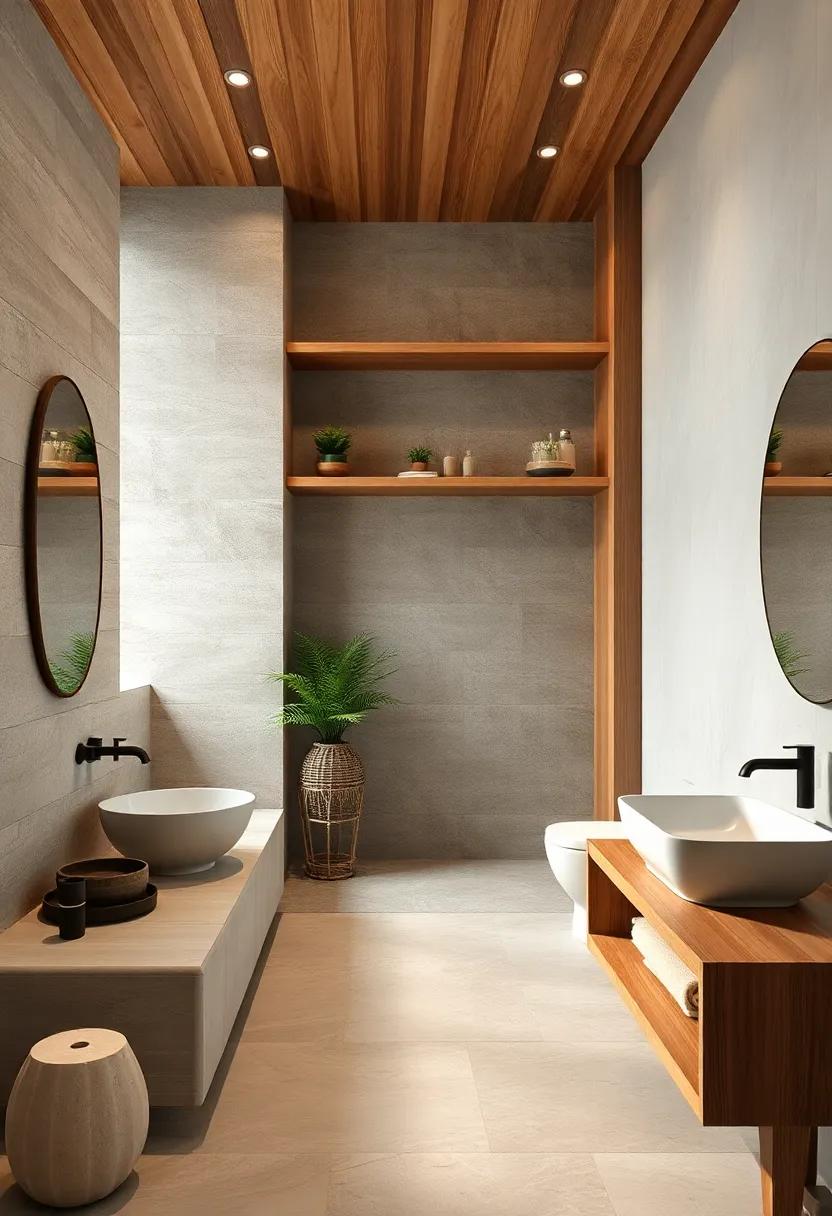 Peaceful Zen Bathrooms with floating​ Wooden Shelves Displaying Natural Textures and ⁣Subtle‍ Greenery