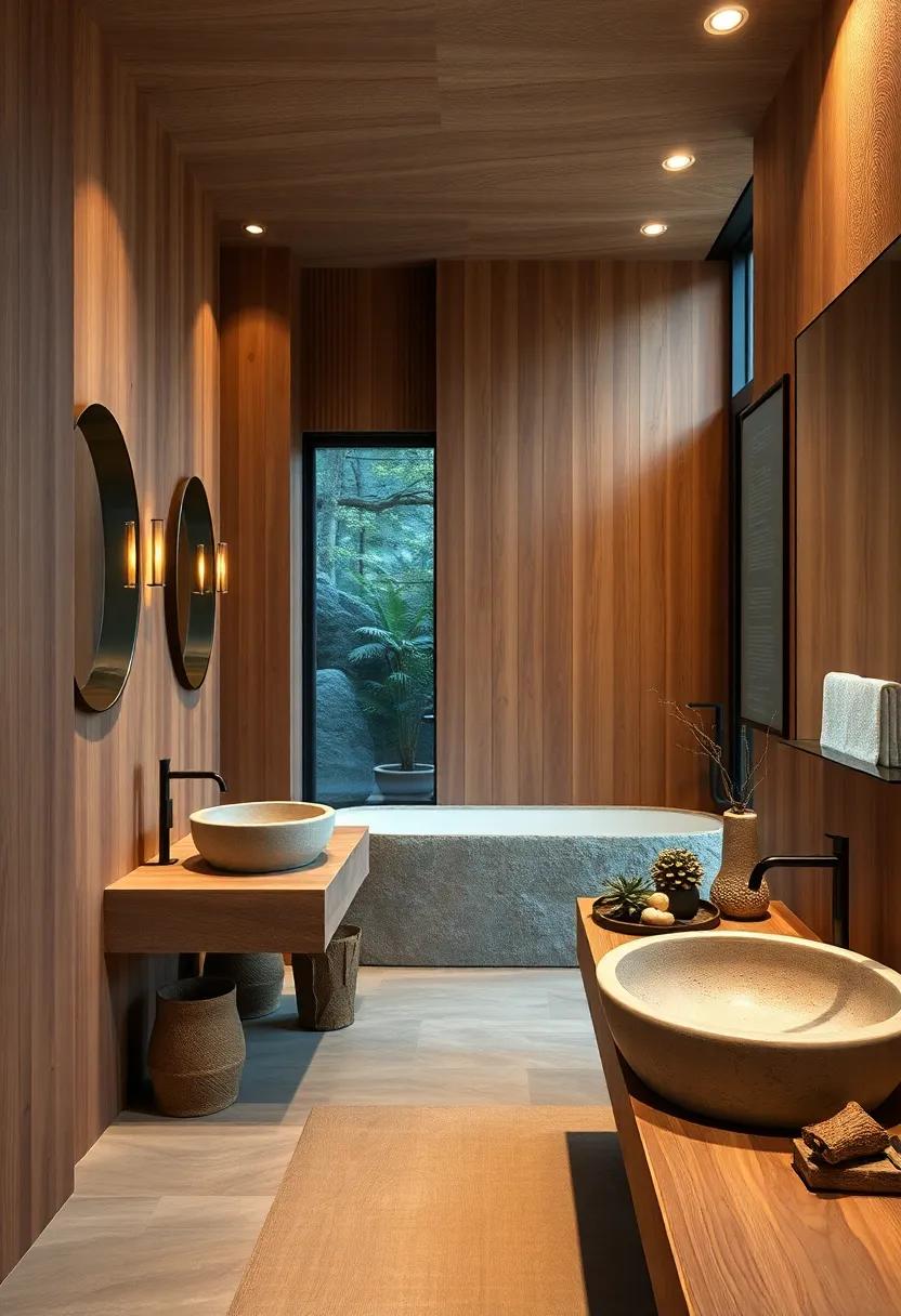 Rustic elegance⁢ Captured​ in⁤ Bathrooms⁤ With Warm Wood Paneling and Large‍ Stone ⁤Basins Paired With Minimalist ‌Greenery