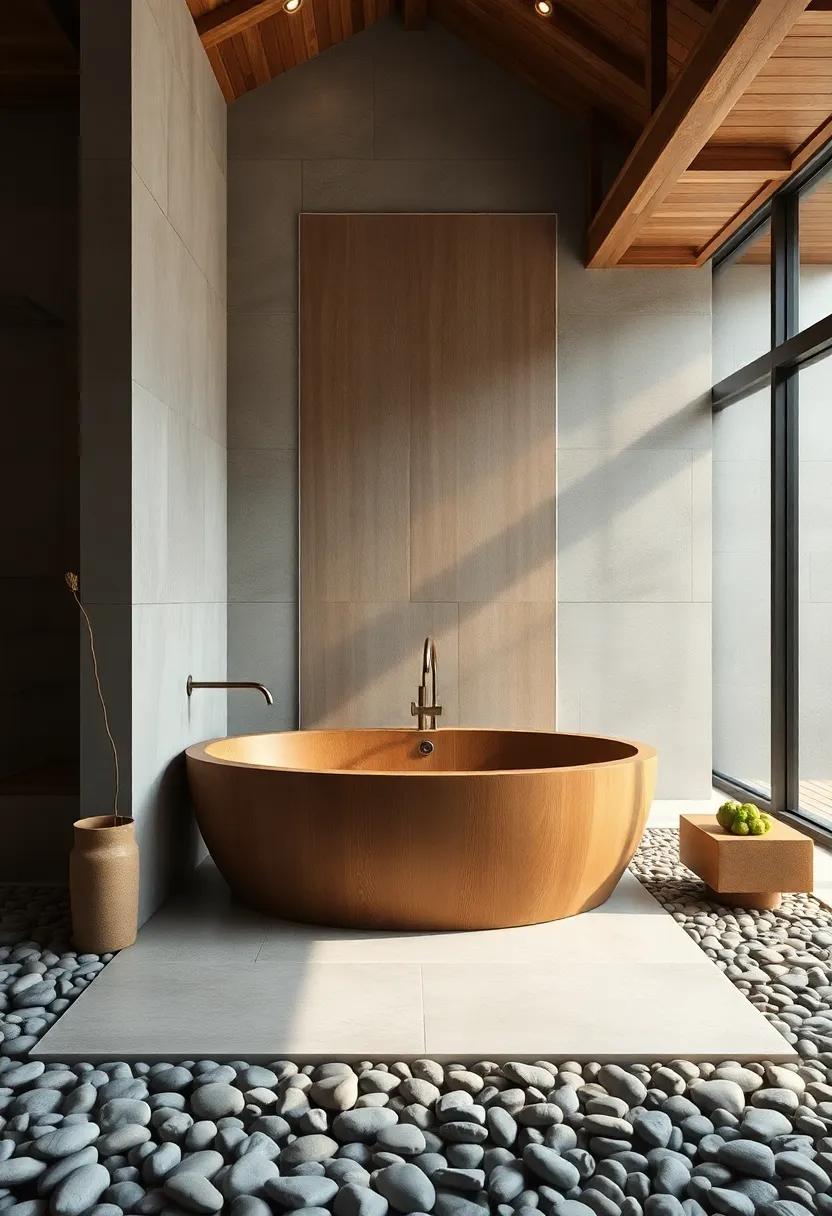 Serene Bathroom Sanctuaries‌ Featuring minimalist Wooden Bathtubs Surrounded by⁢ Smooth Pebble Flooring