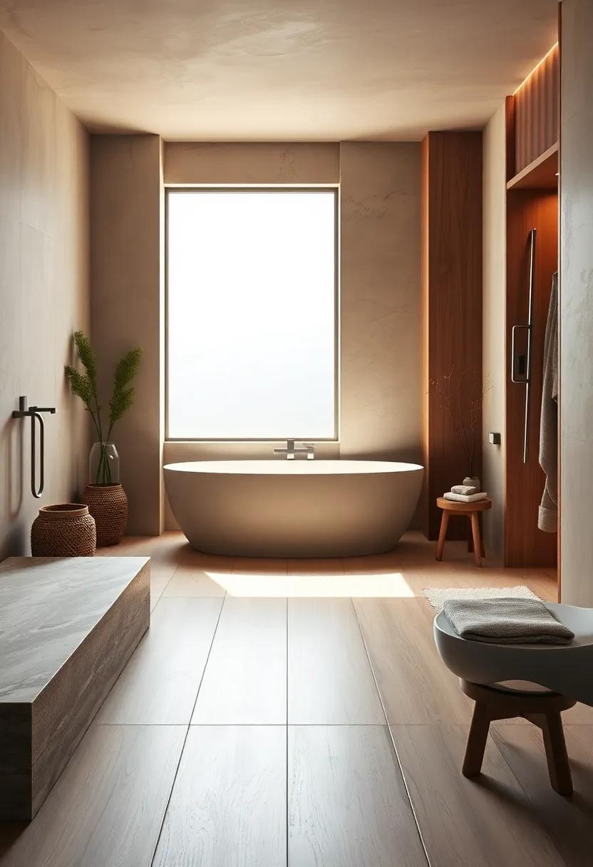Serenity in ⁣Simplicity through Natural ​Wooden Tiles Framed⁢ by Calming⁢ Beige Walls and‍ Teak Accents