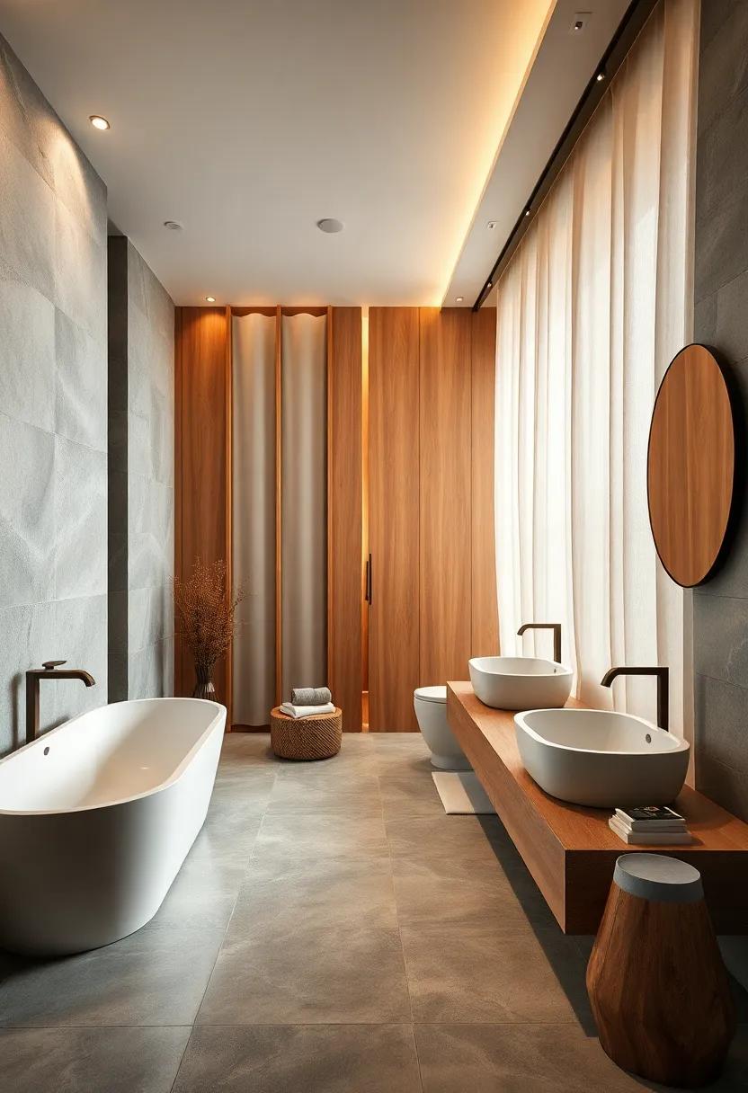 Softly Lit ⁤Bathrooms Where ⁣Warm ​Wooden Accents Meet flowing ⁤Fabric Screens and natural ​stone Walls