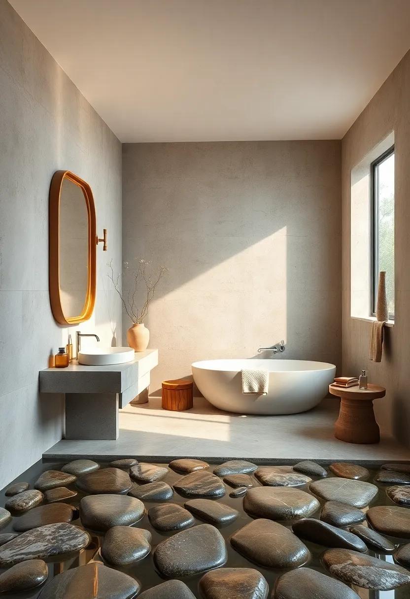 Timeless Beauty in Bathrooms With‍ Handcrafted Wooden ⁣Mirrors and ⁤Smooth‌ River Rock⁢ Flooring reflecting Soft Amber Light