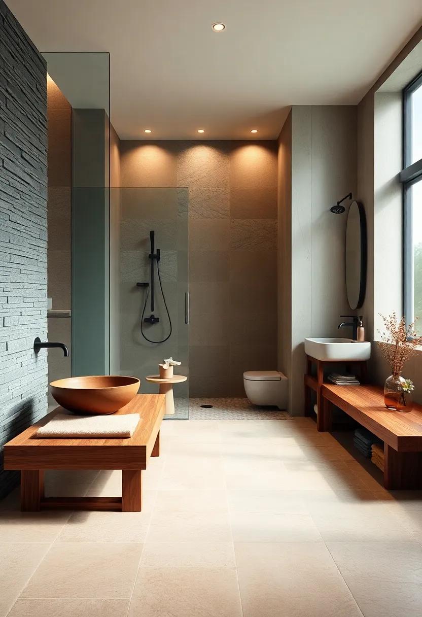 Tranquil Zen Showers featuring Frameless Glass enclosures and Textured⁣ Wooden benches alongside​ Moss Green Tiles