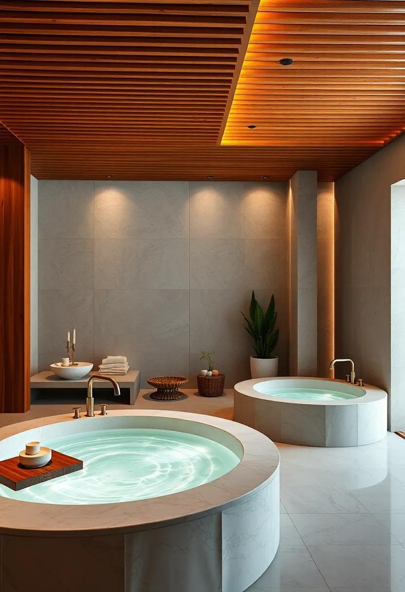 Warm ⁤Wooden Slatted Ceilings Over Inviting Whirlpools Set Amidst Pale Stone Walls and Diffused Ambient‌ Lighting