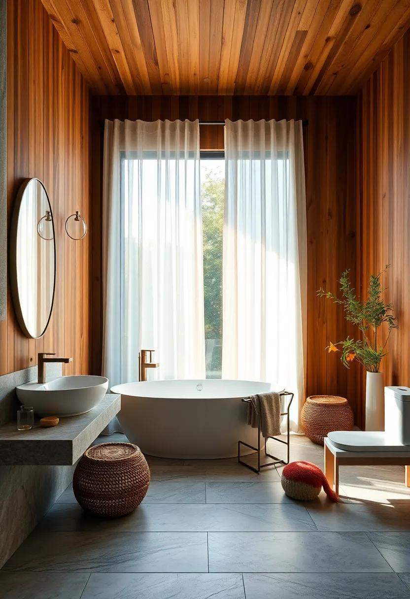 Zen ‍Bathroom Retreats Highlighting ⁣soft Natural Light Filtering ‍Through‌ Sheer Curtains⁣ and Warm Wooden ⁢Wall Panels