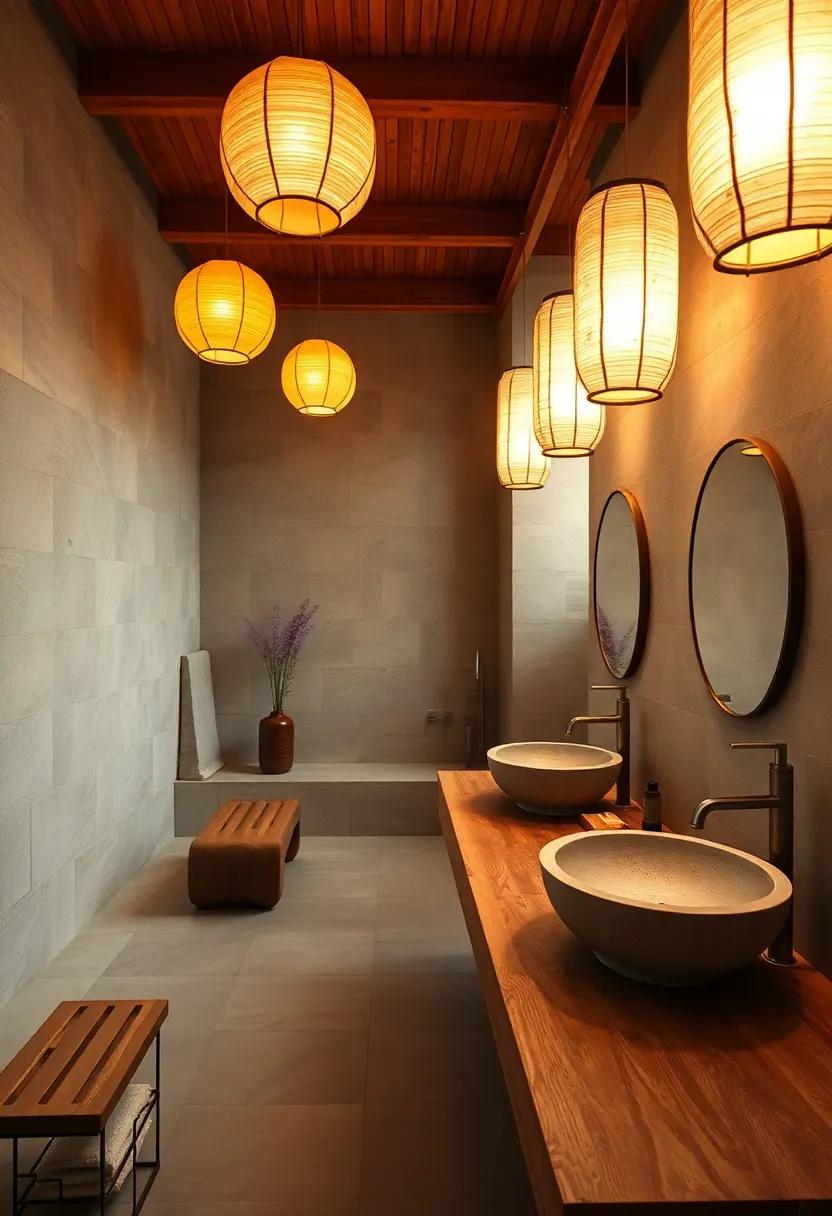 Zen-Inspired Bathrooms Bathed ⁢in Warm Glow From Paper Lanterns Above Wooden Benches and Natural⁣ Stone Basins