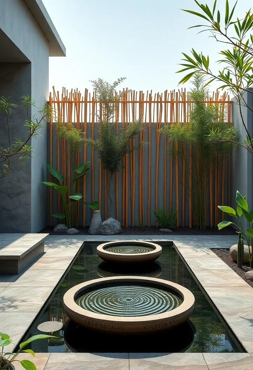 The Fluid Lines of Bamboo Fence Tops Mirroring Calm Ripples in Zen Garden Water basins