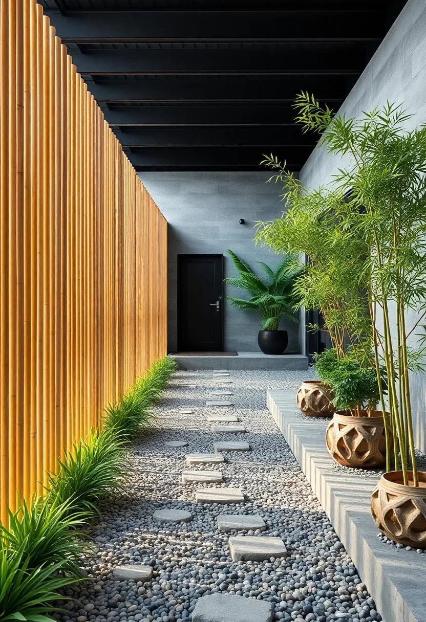 Interplay Between Vertical Bamboo Poles ⁢and‍ Horizontal Zen Garden Gravel Paths