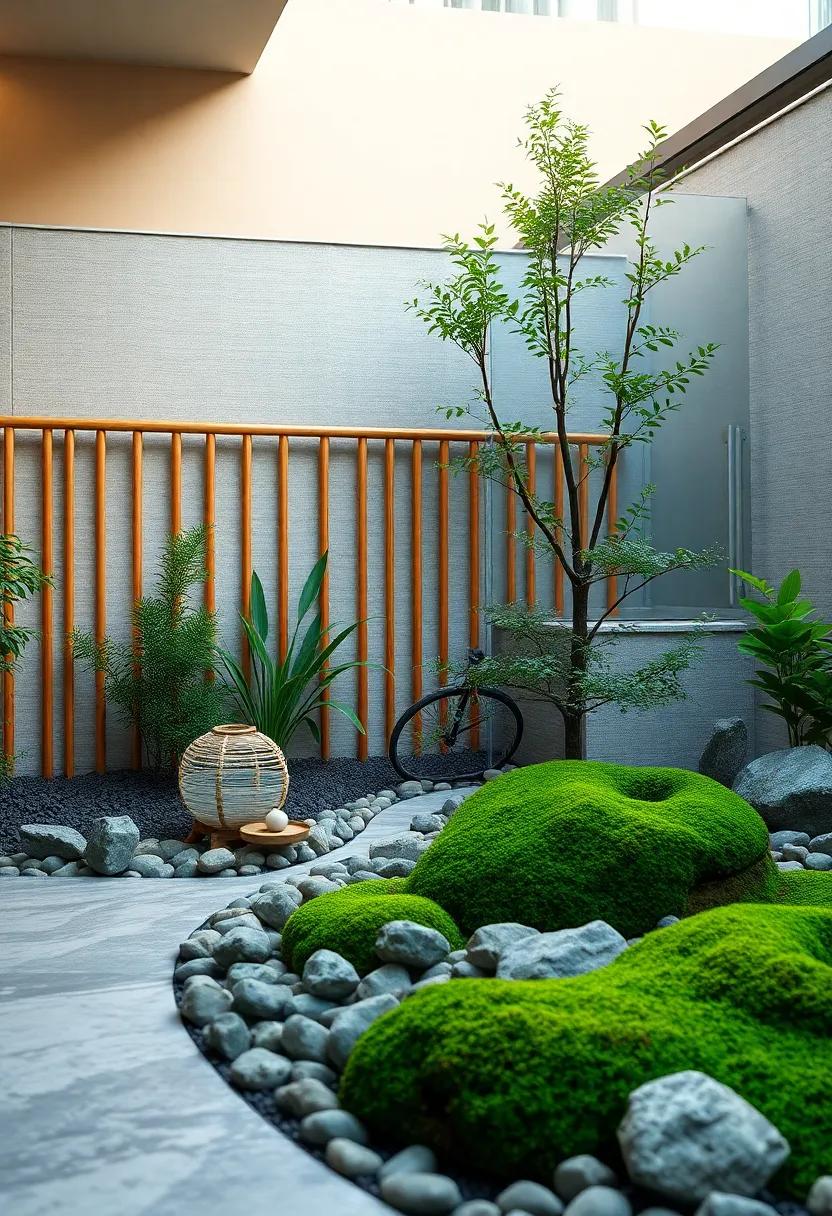 The Harmony of Curved Bamboo Rails Complementing⁤ Smooth Zen Garden pebbles and Moss