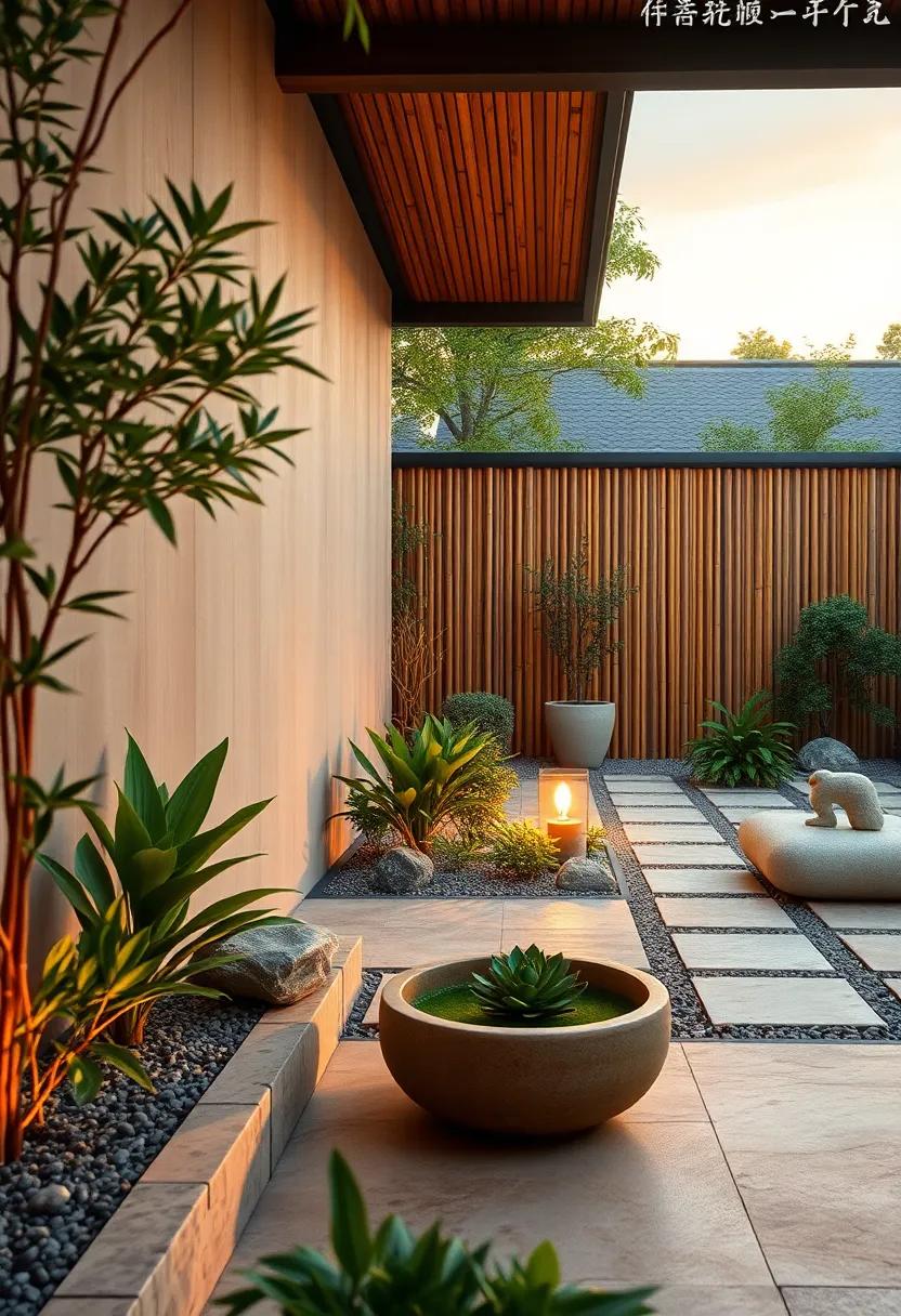 Sunset Glow on Bamboo Fence Textures Highlighting the Zen ⁢Garden’s Peaceful Ambiance