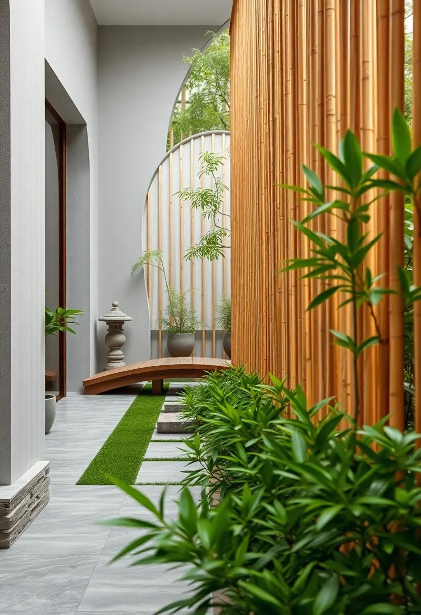 The Soft Curve of Bamboo Fencing Echoing Zen Garden Wooden Bridges and Stone Lanterns