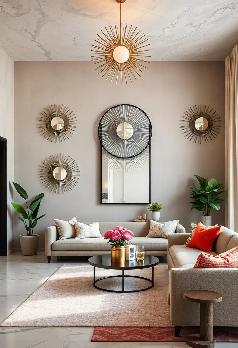 Delicate Sunburst Rays in Polished Nickel Surrounded by Matte Black Foundational Frames for Bold Impact