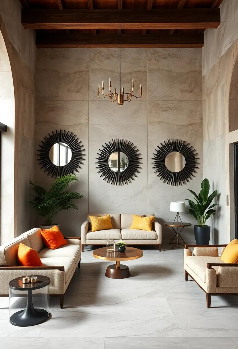 elegant Geometric Shapes and Symmetry Highlighted in Art Deco Sunburst Mirrors with Bold Contrasts