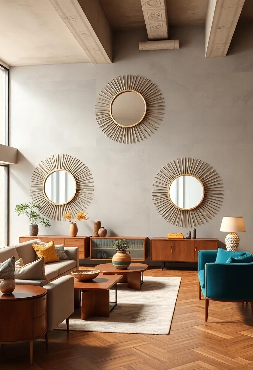 The Fusion of Curved and Angular Lines in sunburst Mirror designs Emphasizing Classic Art Deco Style