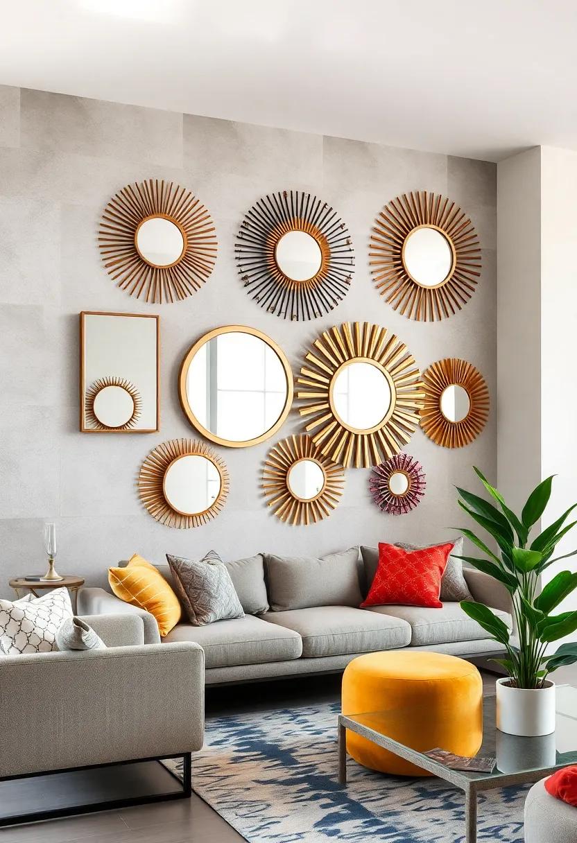 A Gallery Wall Featuring Varied Sized Art Deco Sunburst Mirrors Creating a Cohesive Artistic Statement