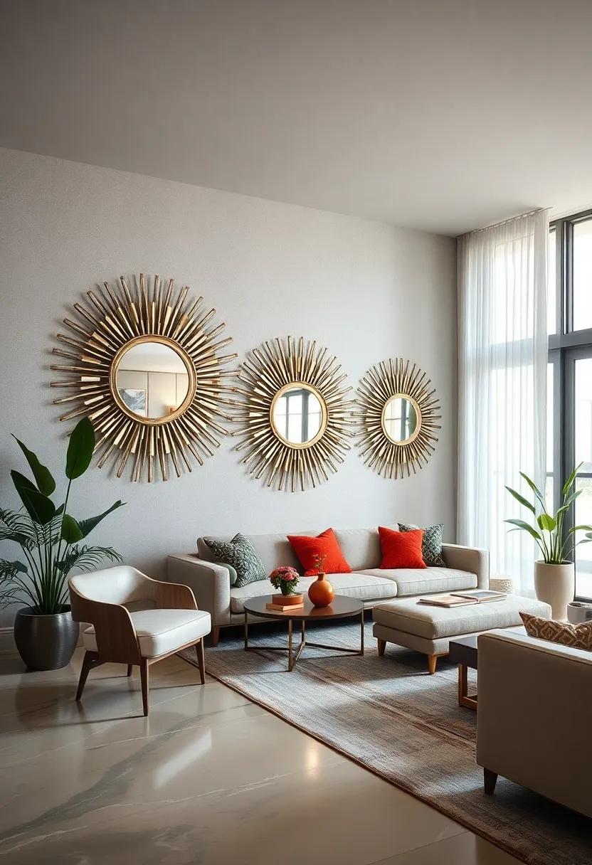 Interwoven Metal Bands and Mirror Panels Crafting Complex, Radiant Sunburst Designs with Vintage Flair