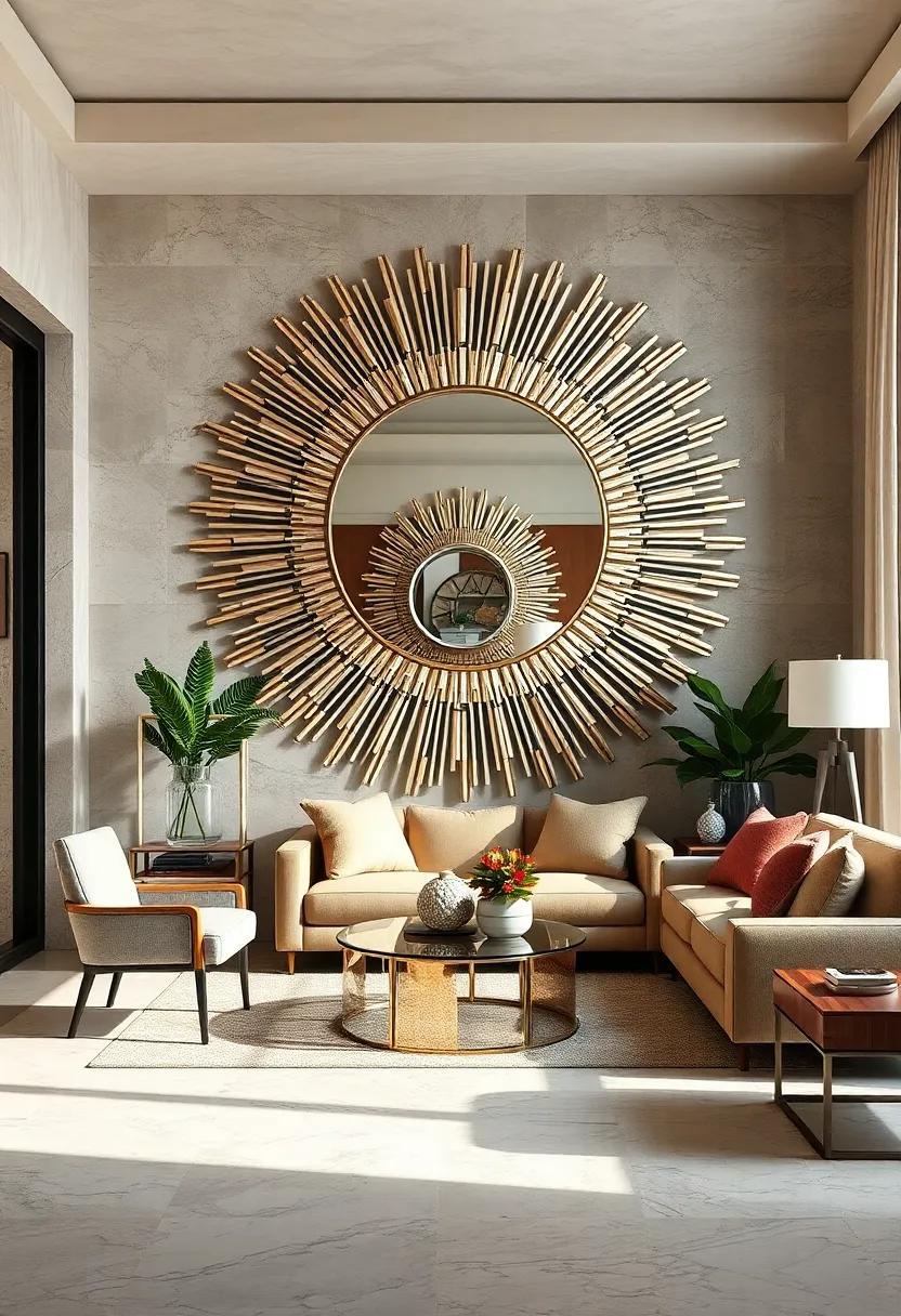 The Intricacy of Layered Mirror Elements Reflecting Multiple Angles and Light Sources in sunburst Designs