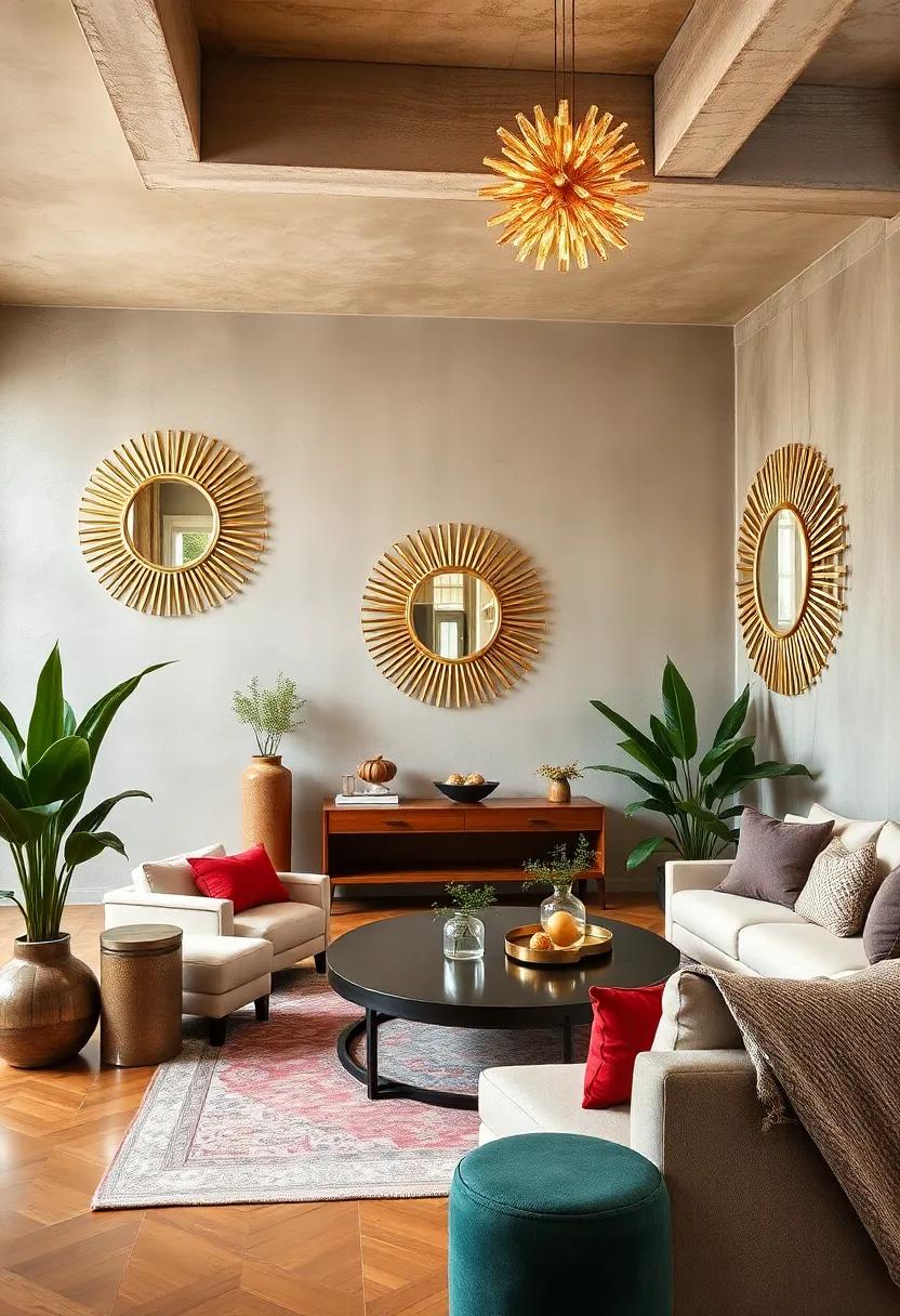 Neutral Earthy Tones Combined with Shimmering Sunburst Frames Creating a Warm, Inviting Environment