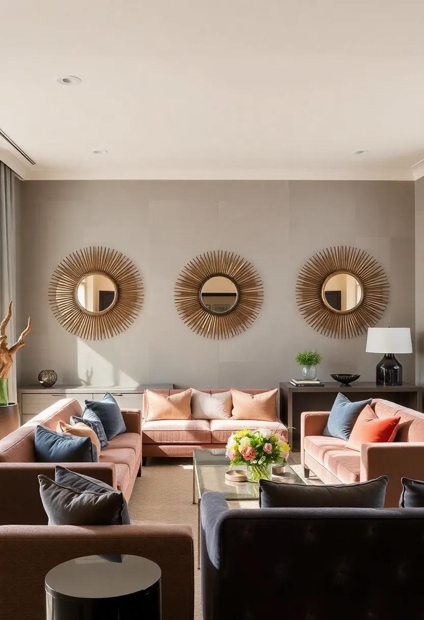 Radiant Sunburst Mirrors Paired with Plush Velvet and Satin Furnishings for Luxurious Atmospheres