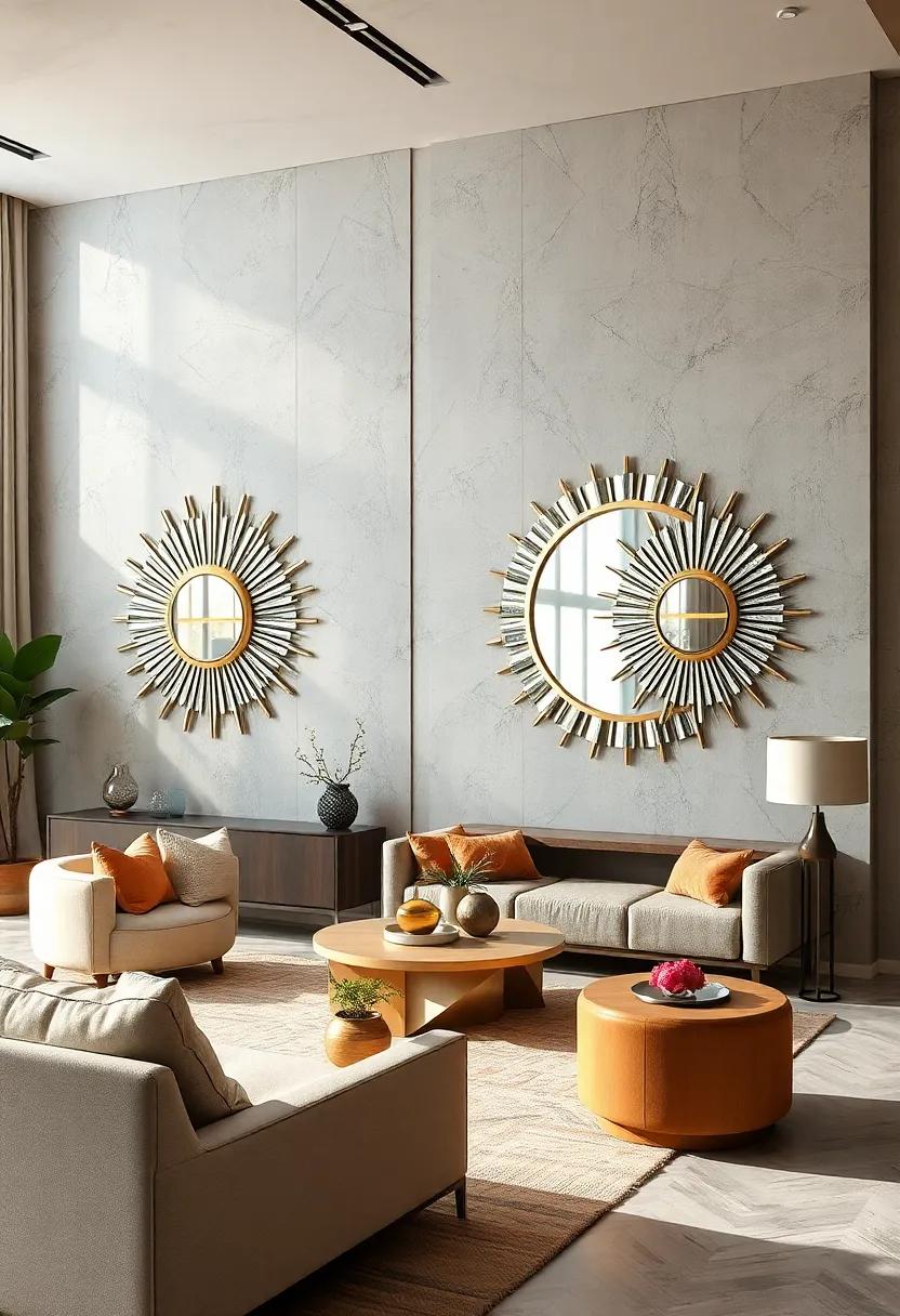 Sunburst Mirrors Surrounded by Intricate Glass Patterns Capturing Light in a Sophisticated Display