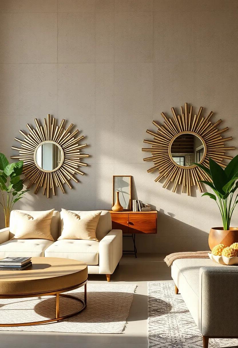 Sunburst Mirrors with mirrored Spokes Reflecting Eclectic Vintage and Modern Interior Themes