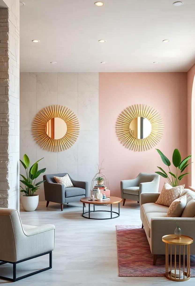Sunburst Mirrors framed by Soft Pastel Colors for a Fresh Take on Classic Art Deco Elegance