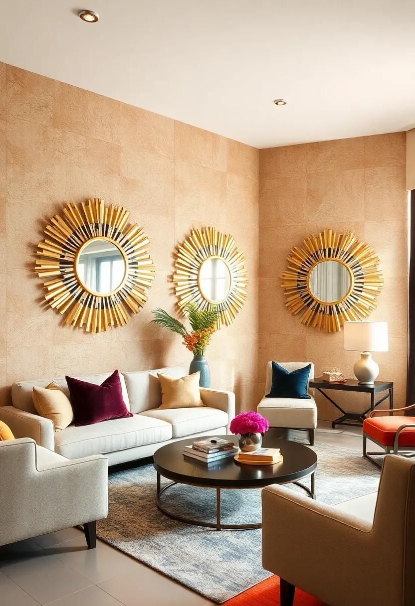 Sunburst Mirrors Set Against Rich Textured Wall Coverings for a Striking Contrast of Light and Depth