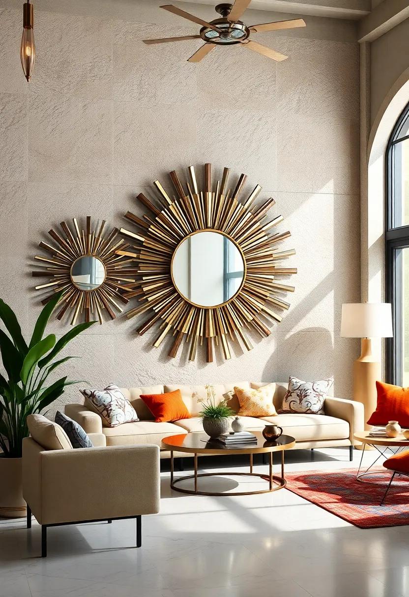Symmetrical Rays in Mixed Metal Finishes Offering an Eclectic Yet Balanced Sunburst Mirror Style