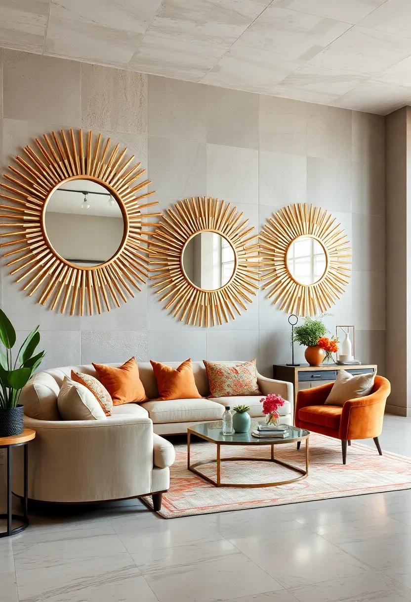 warm Amber and Champagne Hues Blending with Reflective Metalwork to Create Inviting Sunburst Mirrors