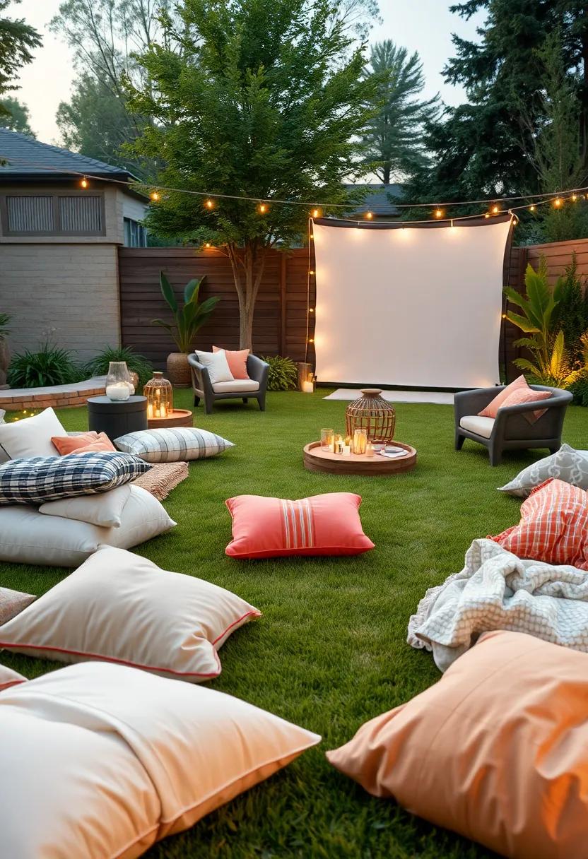 An Array of Cozy Pillows and Quilts Laid Out on a⁢ Soft Grass Lawn for Movie Night ⁣Comfort