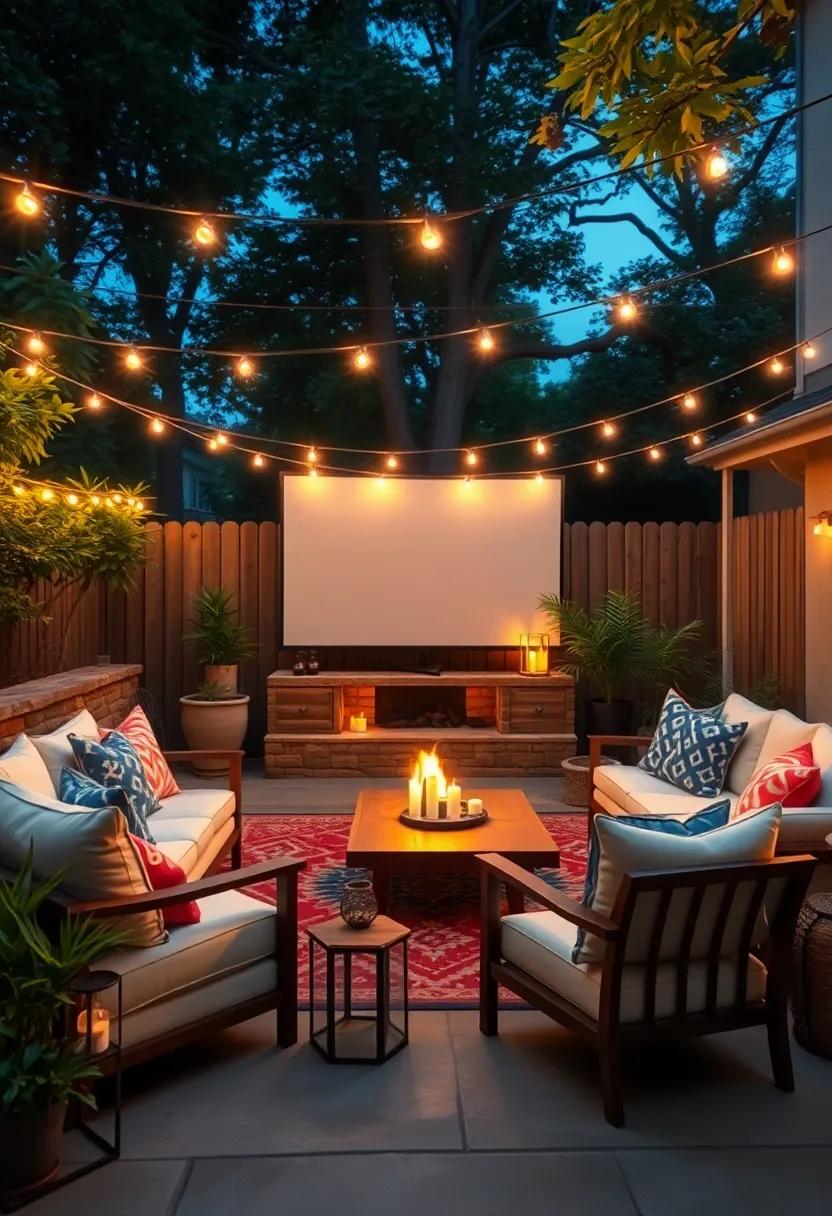 the⁢ Cozy Glow of String Lights Draped Around a Serene Backyard movie Space