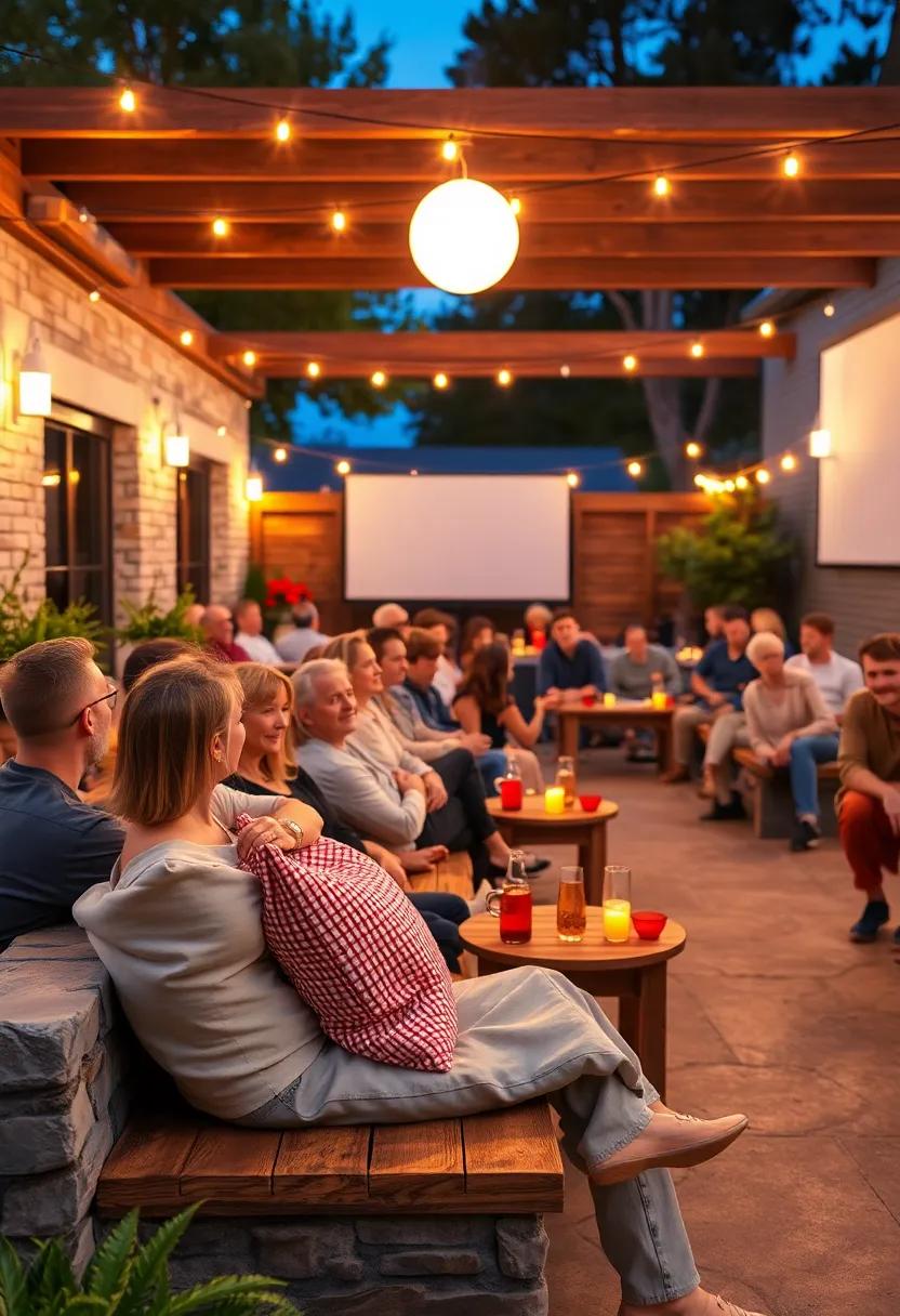 A Crowd Gathered on Rustic Wooden⁢ Benches with Throw ​Pillows and Warm Beverages ​Ready for a Movie