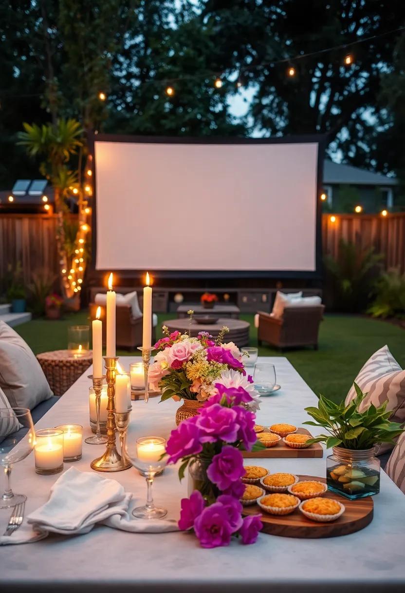 An Elegant Table Set with Candles, Fresh Flowers, and Delicious ​Finger ​Foods‍ by the Screen