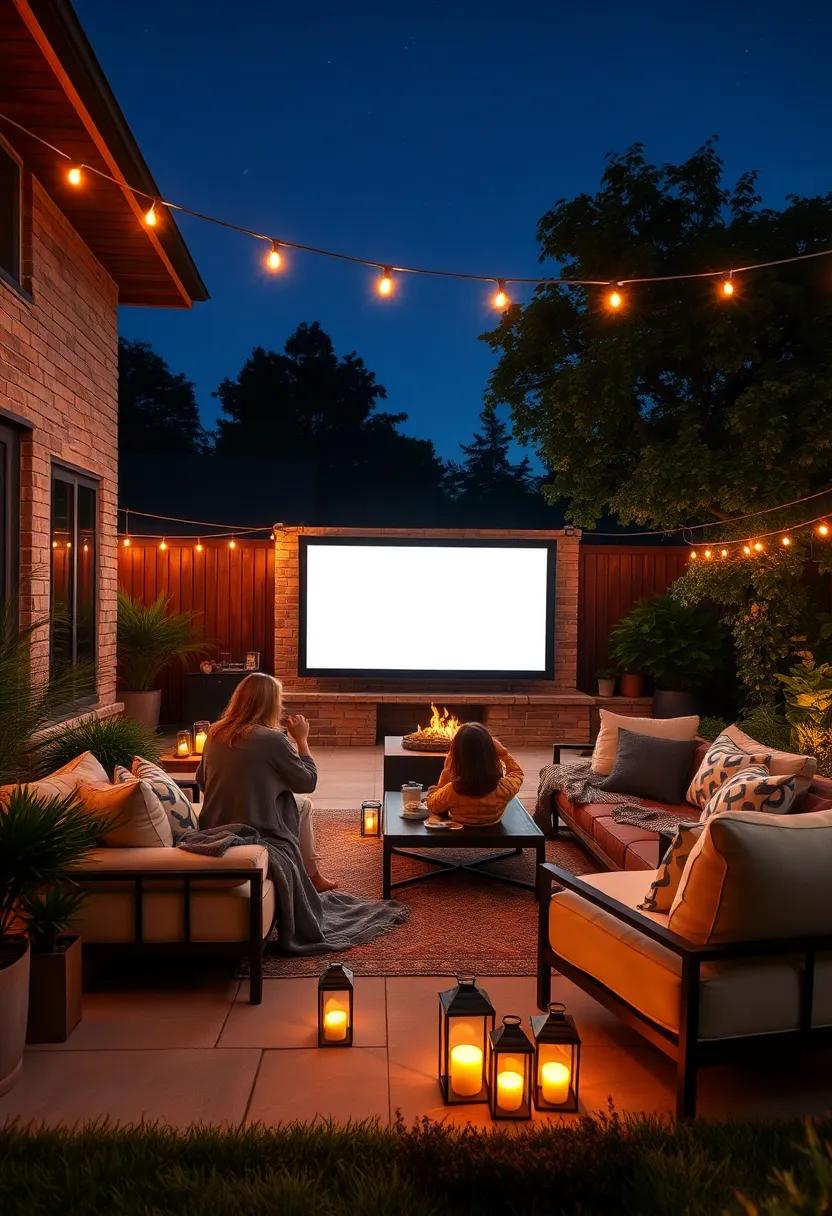 A Family Enjoying a Backyard Movie on a Clear ⁢Night Surrounded ‌by fireflies and Lanterns