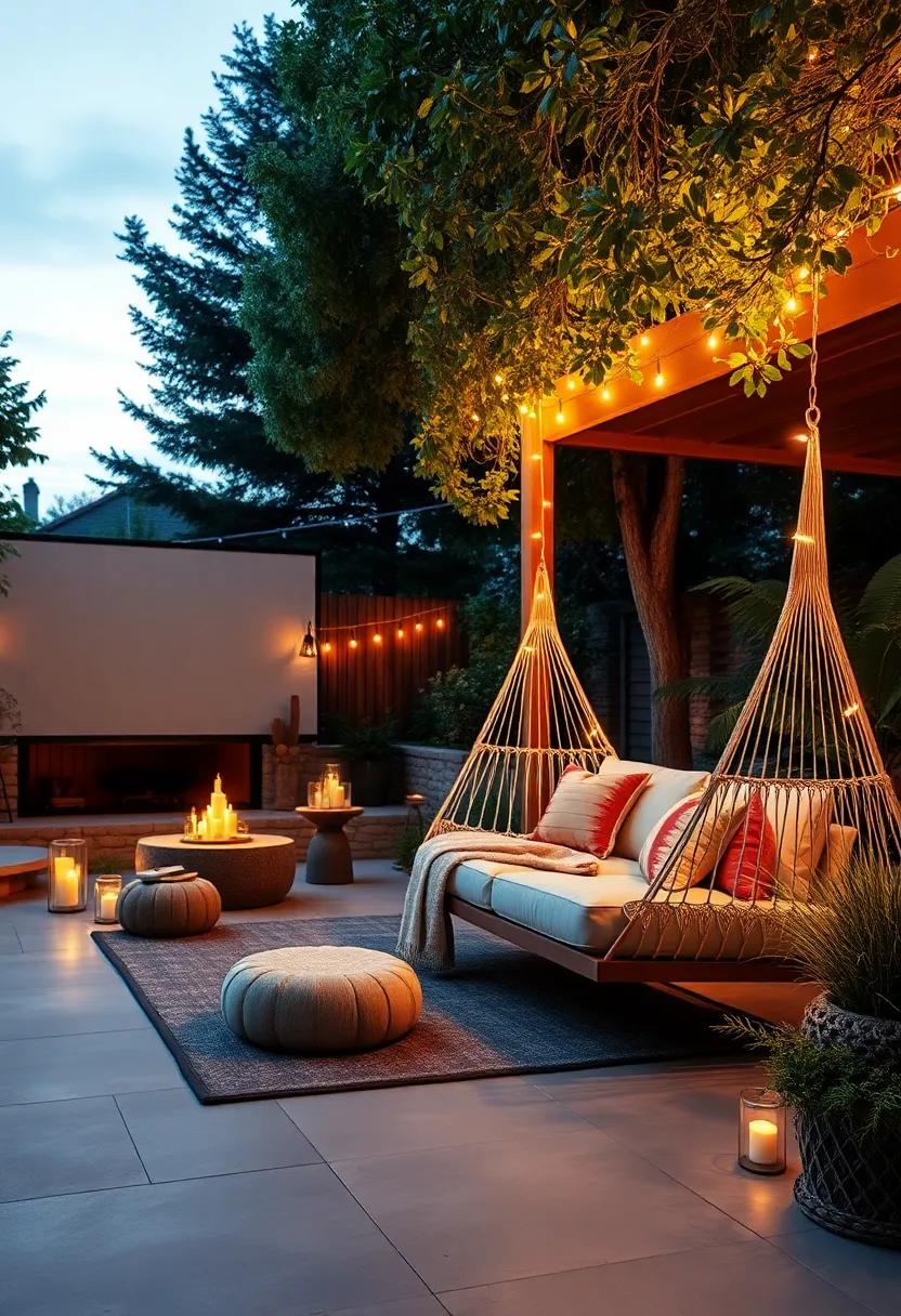 A Hammock ‍Swing Draped with Fairy Lights Next to a Big Outdoor Movie Setup