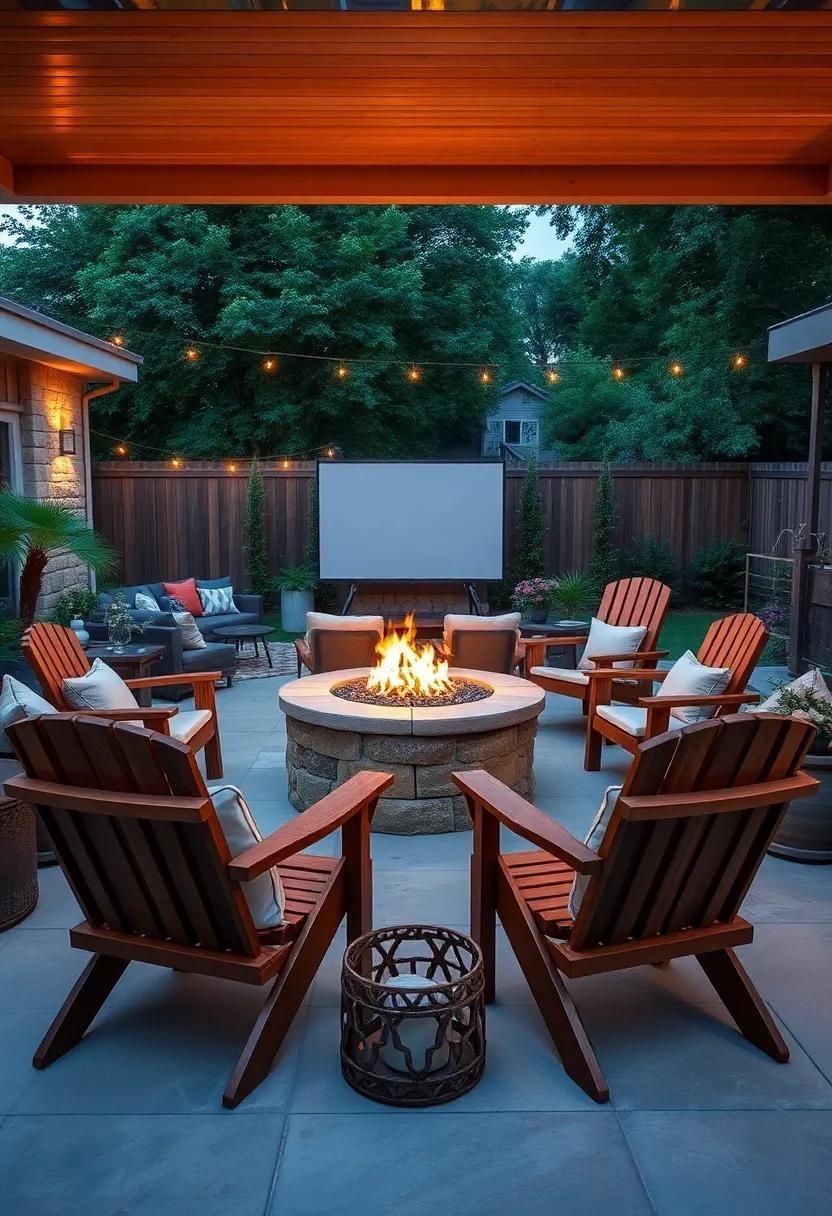 An⁣ inviting Fire Pit Surrounded by Rustic‌ Wooden ⁤Chairs Perfect for Movie Discussions