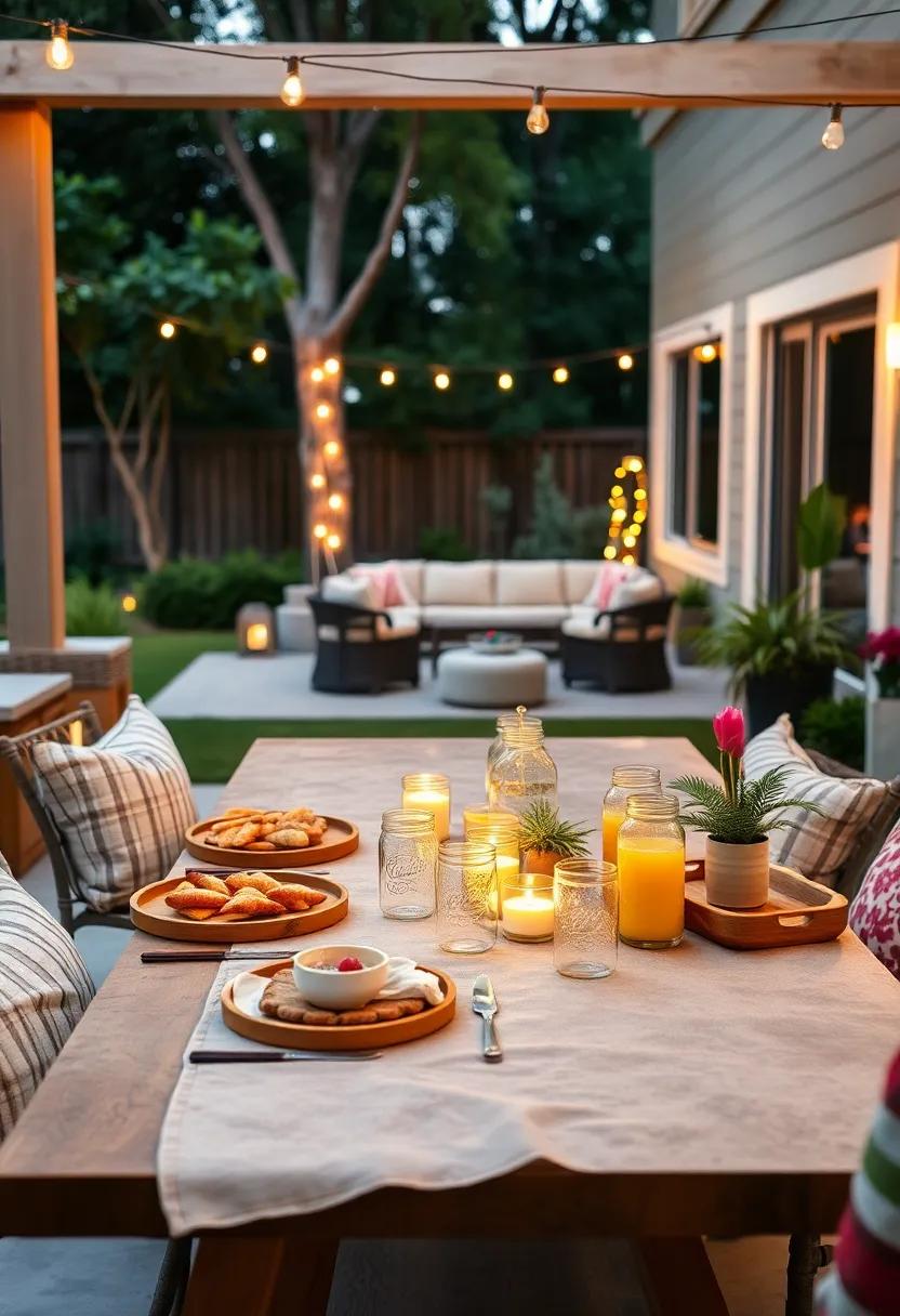 A Picnic‌ Table Set with Gourmet Snacks, Mason Jar Drinks, and​ Flickering Candlelight